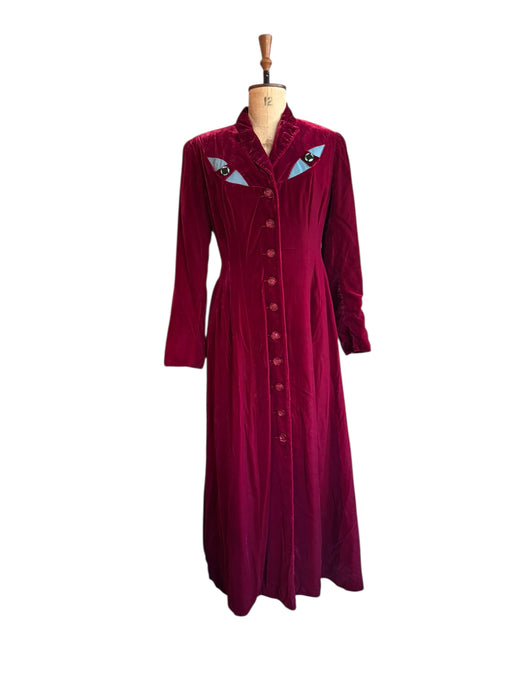 Michéle Pernetta, 80s burgundy velour cat eye long coat