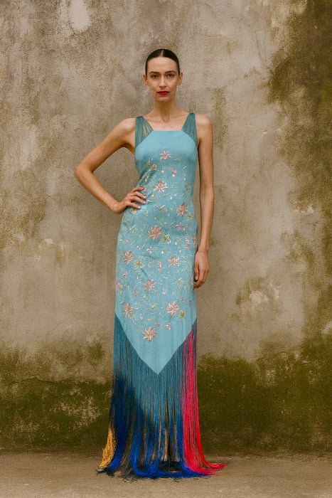 Bella, reworked blue embroidered ombré fringed dress