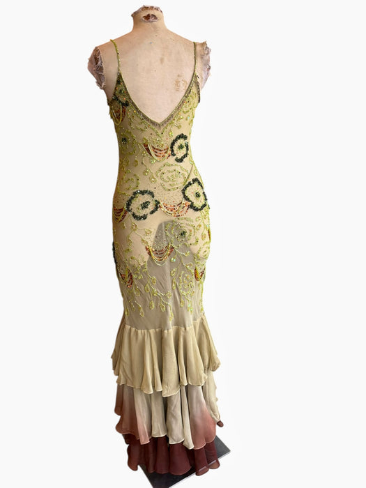 Flora, vintage bias cut beaded dress with ombré frill design