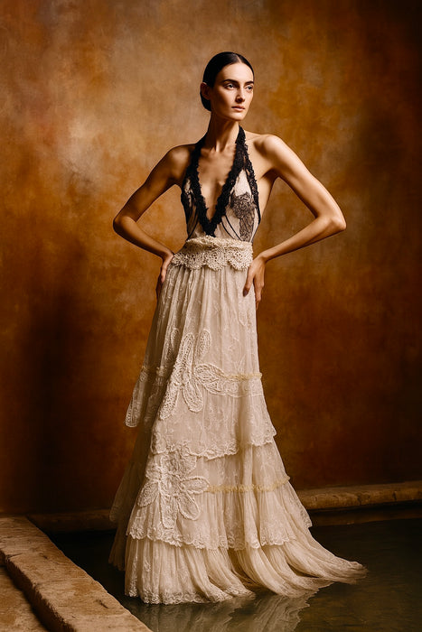 Saturne, reworked Victorian and 1920s organza ruffle halterneck dress