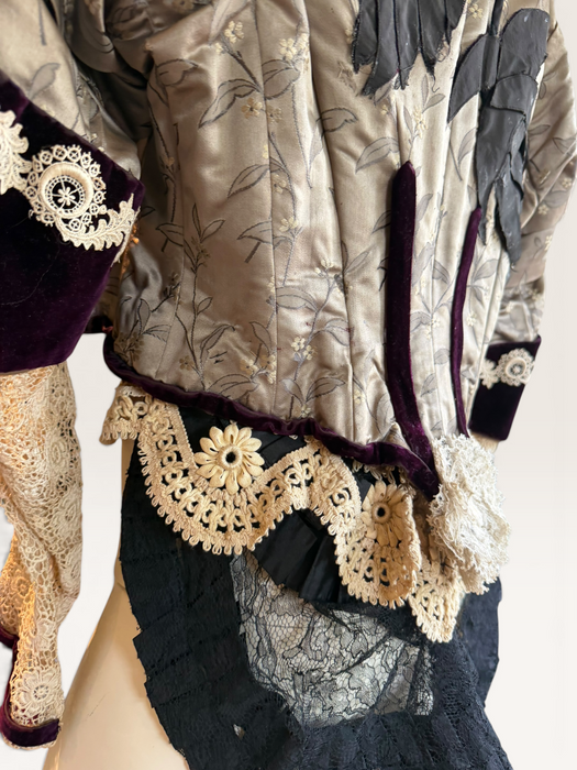 Carlotta, reworked Victorian silk damask and lace boned beaded jacket