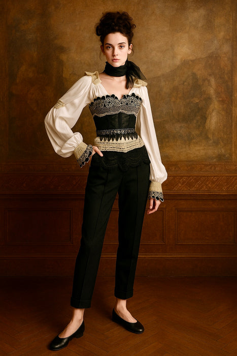 Pluto, reworked corseted lace and beaded poet blouse