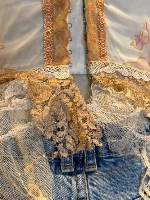 Mirabelle, repurposed 60s  corset with French organza, lace and floral embroidery