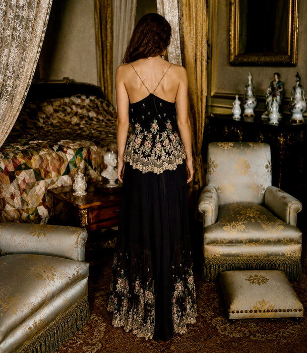 Andrea, 1970s black crepe and lace tiered dress