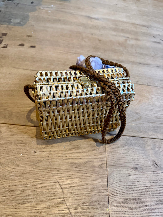 Magli, 70s Made Italy, gold straw shrouded bag with silk antique florals and gold plated butterfly