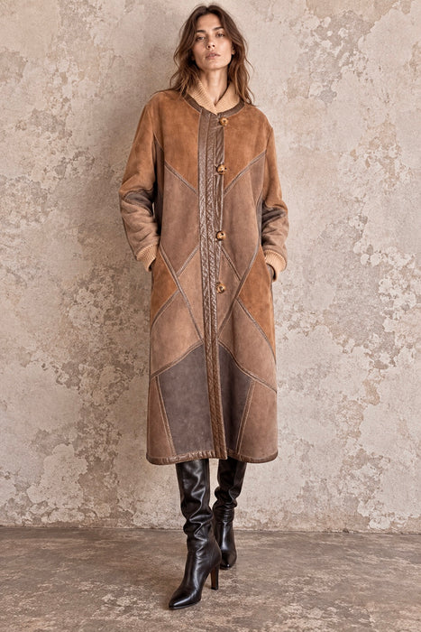 Tilly, 1980s reversible sheepskin and suede patchwork coat
