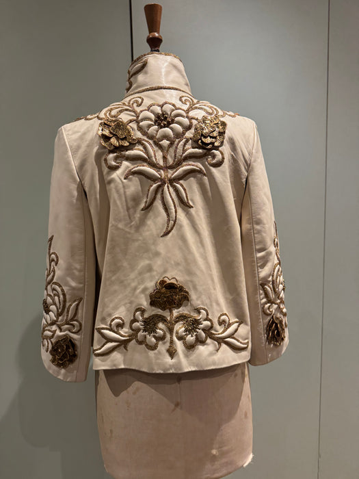 Jean-Louis Sherrer, 80s couture lather nappa cream leather jacket with gold thread quilted embroidery