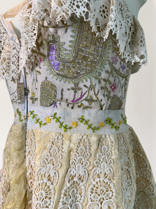 Sage, reworked Victorian embellished corset and organza frill long floral print skirt