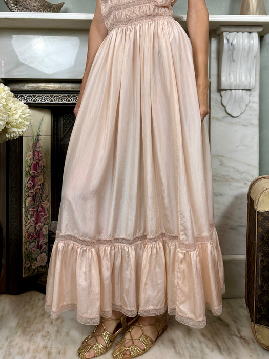 Janet Reiger, blush pink silk and lace dress
