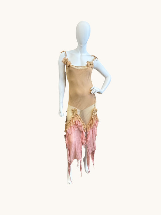 Laine, bias cut silk chiffon and pink dyed handkerchief dress with rosettes