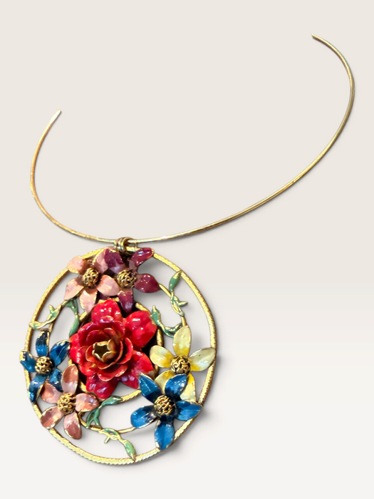 Jasmir, hand painted Victorian floral circular pendant on a thin gold choker