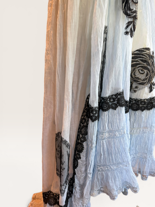 Portia, hand dyed Victorian pale blue cotton and black Chantilly lace dress