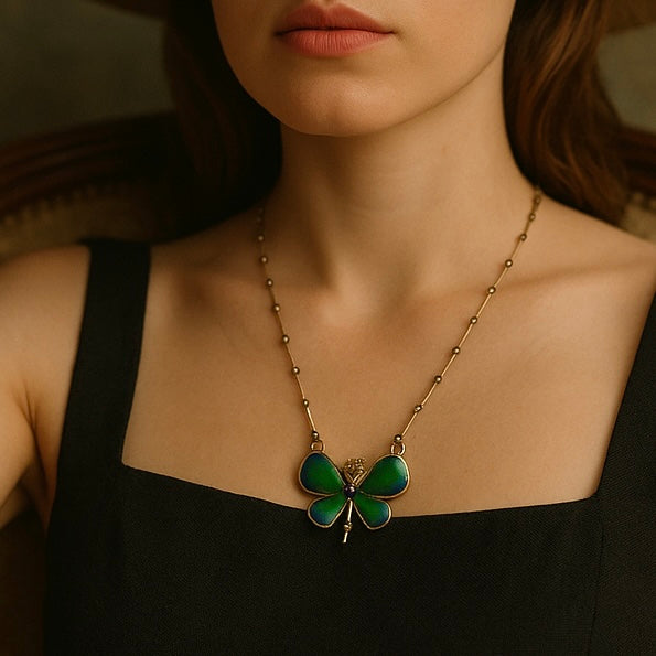 Jasmir, vintage enamel green butterfly necklace on vintage gold plated chain