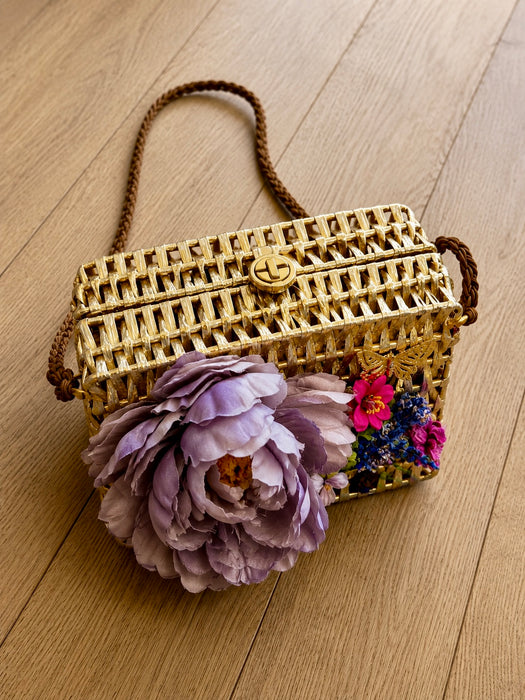 Magli, 70s Made Italy, gold straw shrouded bag with silk antique florals and gold plated butterfly