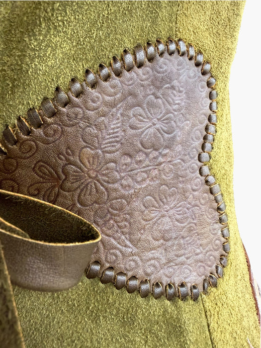 Basil, 70s olive green suede waistcoat with leather ties and handmade folk leather appliqué