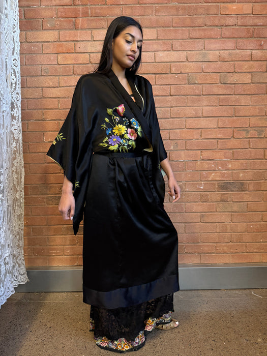 Jennifer, 40s floral black silk kimono