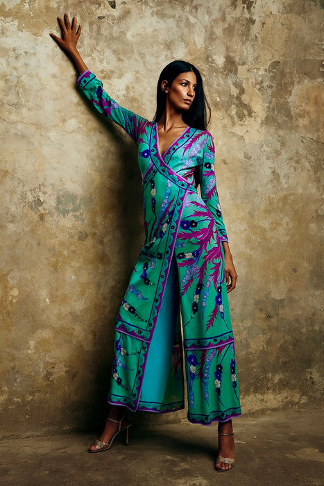 Emilio Pucci, rare and collectible 60s silk jersey wrap over jumpsuit