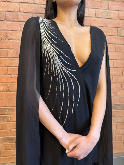 Virna, 30s black bias cut dress with angel sleeves and rhinestone detail