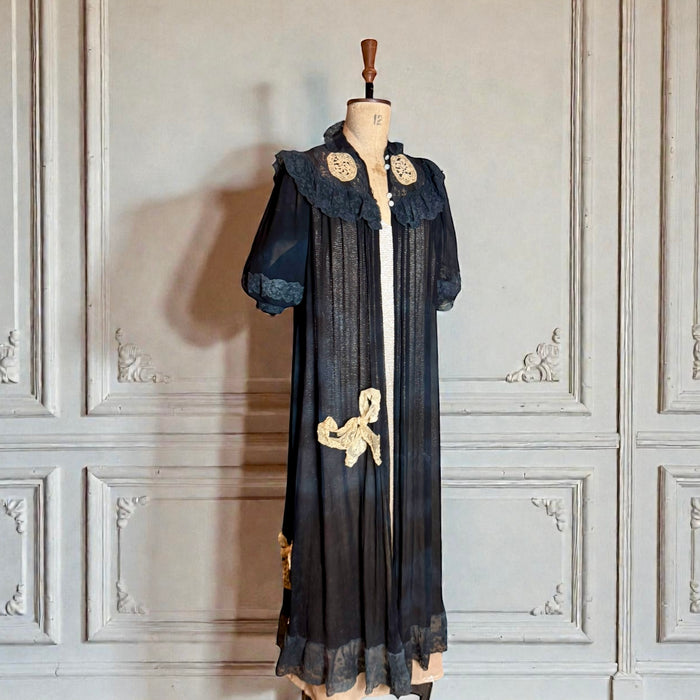 Gina, 30s black chiffon and lace robe with cream lace bows