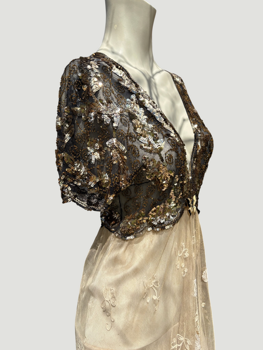 Daisy, 20s black and gold floral sequins and Victorian ecru lace dress