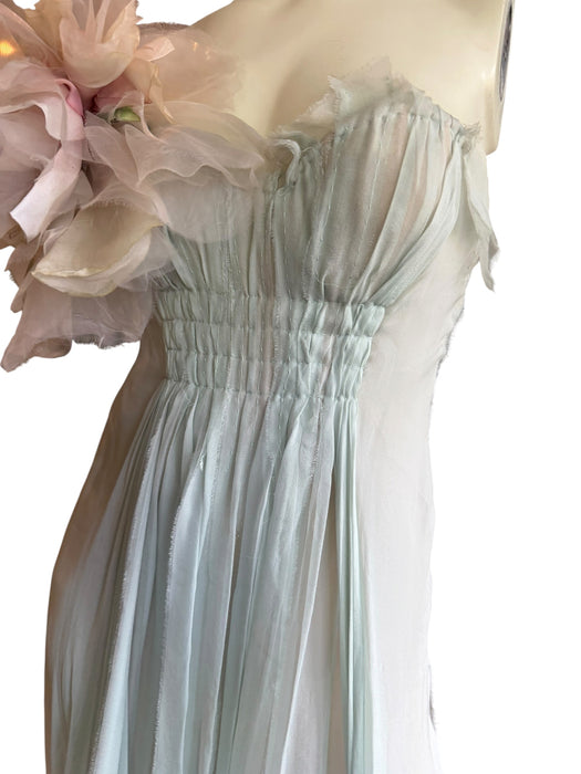 J Mendel, duck egg blue, chiffon draped corseted dress