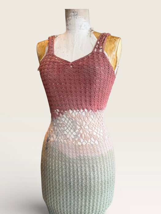 Yarn, 70s crochet hand dyed ombré fishtail dress