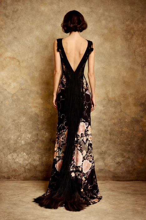 Angel, reworked 30s silk embroidered piano shawl bias cut dress