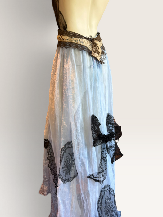 Portia, hand dyed Victorian pale blue cotton and black Chantilly lace dress