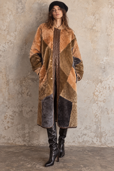 Tilly, 1980s reversible sheepskin and suede patchwork coat