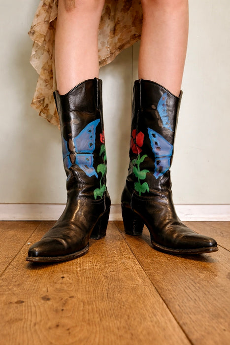 Dallas, 70s black leather hand painted cowboy boots