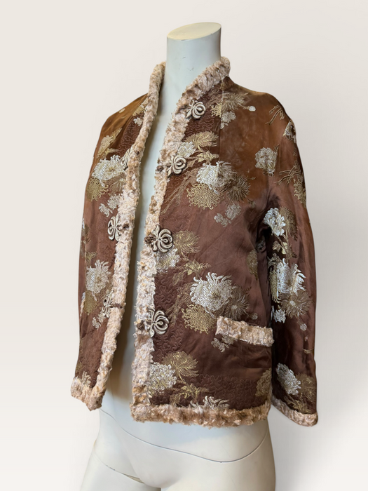 Edina, 70s Oriental camel silk damask teddy lined jacket