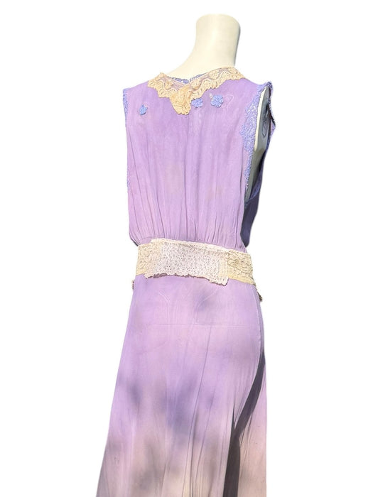 Lavender, 1930s hand dyed silk and lace dress with lace ribbon inserts