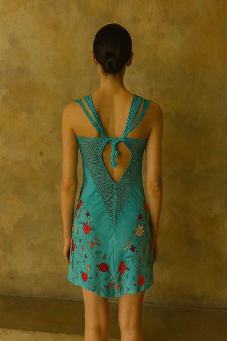 Adrianne, reworked short 40s embroidered piano shawl dress
