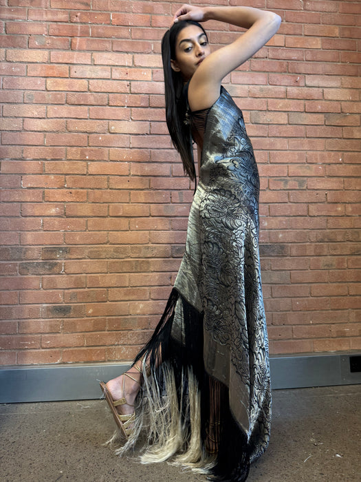 Heron, 20s lamé ombré fringed dress