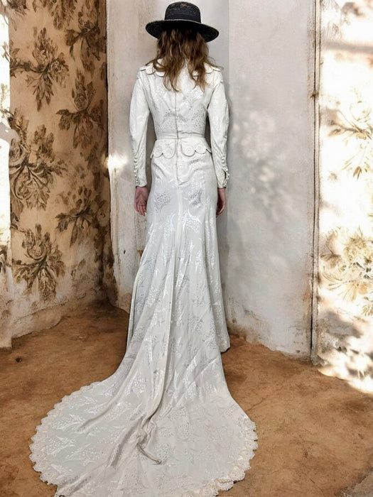 Calla. vintage white silk damask, bias cut fishtail gown