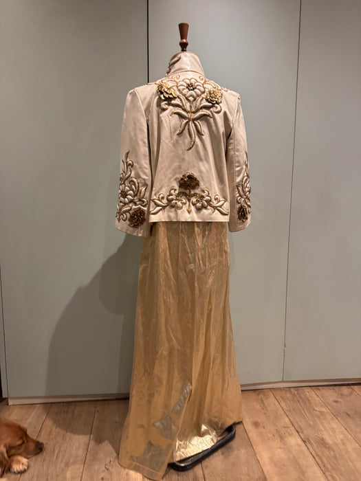 Jean-Louis Sherrer, 80s couture lather nappa cream leather jacket with gold thread quilted embroidery