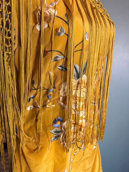 Magnolia, vintage floral silk embroidered piano shawl fringed, draped dress