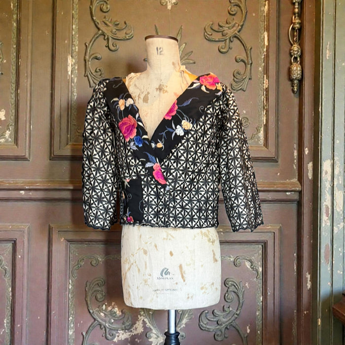 Jade, reworked vintage silk floral jacket with flare sleeves