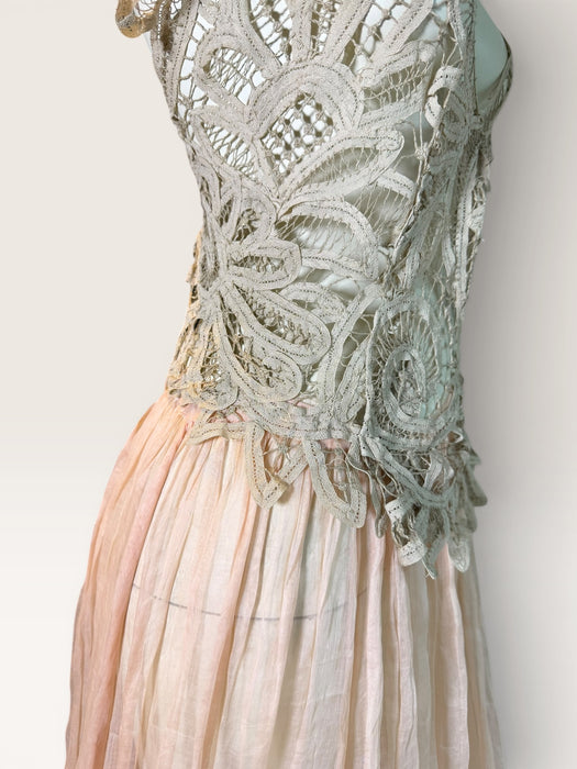 Rosa, reworked Victorian tape-work cream top and pink organza tiered skirt