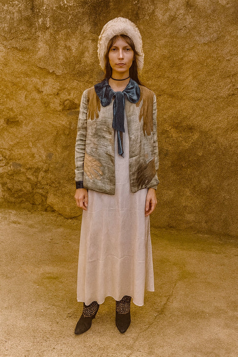 Serena, reworked 20s silver lamé and blue velvet jacket with 20s leather gloves