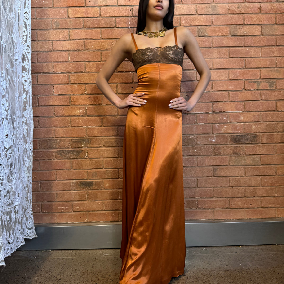 Biba, 70s silk and lace bronze dress