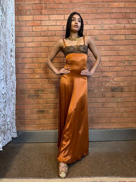Biba, 70s silk and lace bronze dress