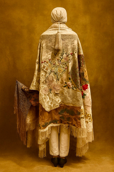 Donna, Reworked 40s Kashmiri embroidered patchwork fringed cape