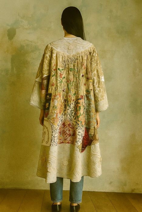 Traina, reworked Museum worthy Victorian, patchwork coat with original gold buttons