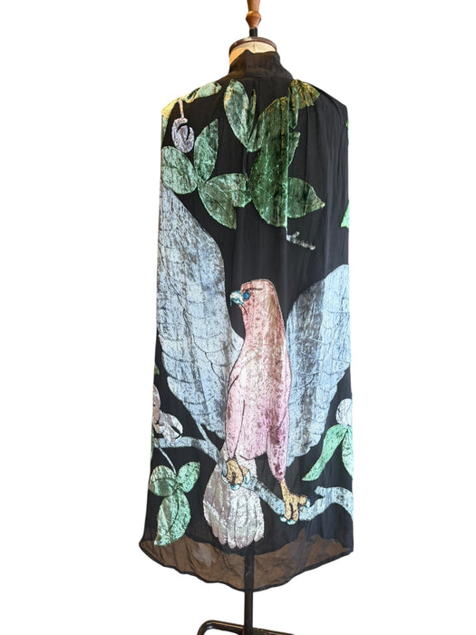 Hanna, Art Nouveau silk devorée chiffon cape with large bird and floral print