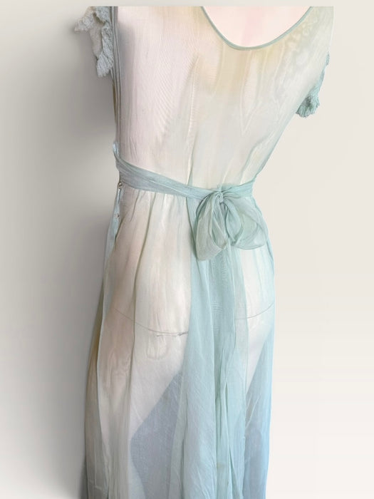Ettore, original 30s pale blue silk chiffon dress with waist tie and frill shoulders