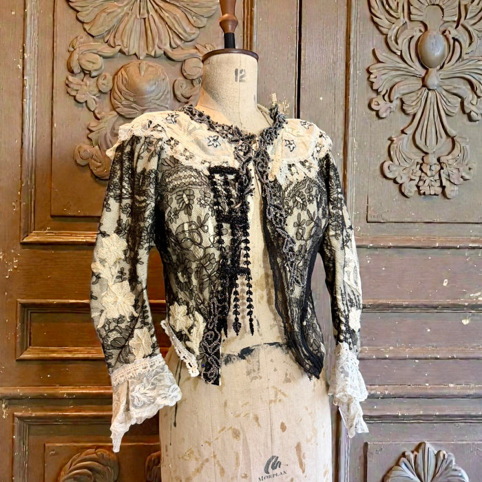 Perry, embellished Victorian lace jacket with hand painted motif