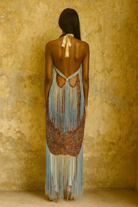 Norme, 20s floral fringed lamé dress