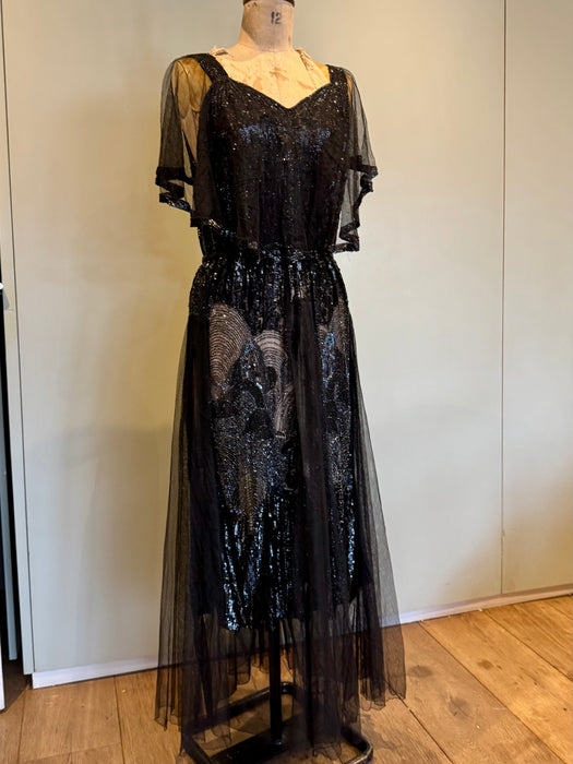 Megan, original 20s black sequins and net dress dress with beaded belt