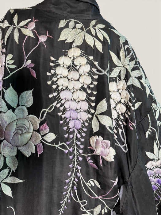 Chi, 1940s dark brown silk Japanese embroidered floral kimono